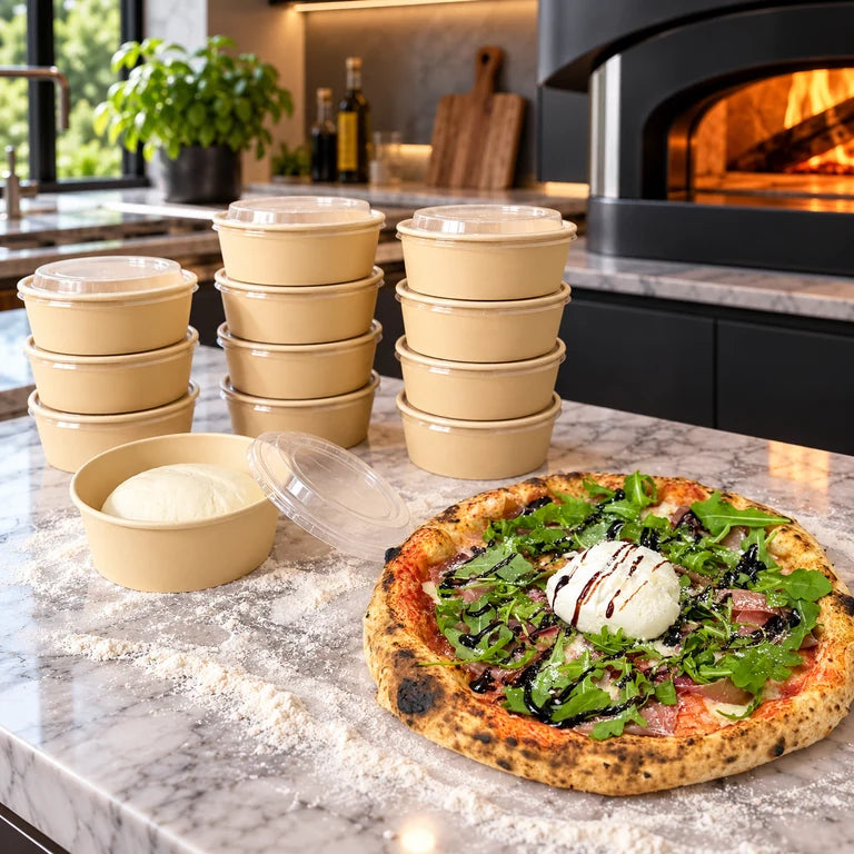 Dough Dorks pizza dough balls in individual proofing pots beside a freshly cooked Neapolitan pizza
