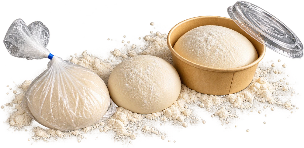 Dough Dorks dough balls and proofing pot on naturally scattered flour